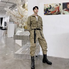남성 점프수트 캐주얼 오버핏 작업복 포켓 벨트 슈트