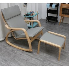 북유럽 나무 원목 1인용흔들의자 락킹체어 스윙체어 1인용스윙체어, 고급PU회색나무프레임흔들의자+스툴