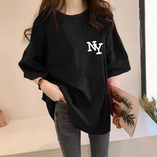 [1+1] 스타일아유 여성 여름 오버핏 반팔 티셔츠 빅사이즈 NY 여자 루즈핏 롱박스티셔츠 - 이미지 2