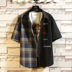 남성 빅사이즈 유니크 반반 체크 무지 반팔 남방 ~5XL