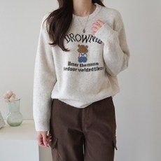 데일리앤 라이어 여성 겨울 라운드넥 니트티 베어 프린팅 레터링 울혼방 니트 티셔츠