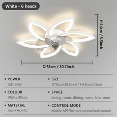 모던 LED 천장 선풍기 리모컨 앱 거실 식탁 침실 홈 장식 천장 선풍기 조명 기구, 2) WhiteD78cm 220V