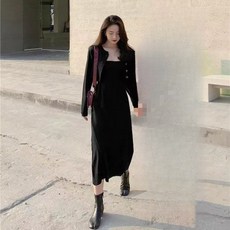 해피유통 여성용 추동 기본 나시원피스 타이트원피스+니트가디건 상의 세트 투피스 LWJ