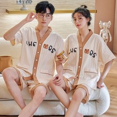 ANYOU 여름 반소매 상하의 세트 커플 잠옷