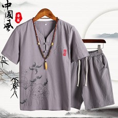 명화 프린팅 개량 중년남성 통기성좋은 삼베옷 위아래세트