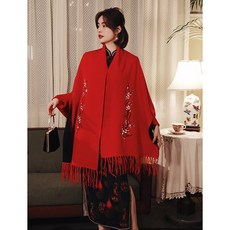 레드 치파오 여성 웨딩 보온 가을 외 코디 드레스 숄 케이프 판초 결혼피로연 긴 소매