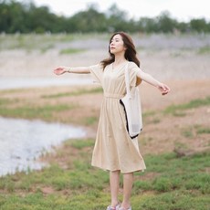 DanmugiRimgun Dress de Korean linen fabric fashion Korean De mini glamorous Tull style smooth luxury elastic waist V-neck