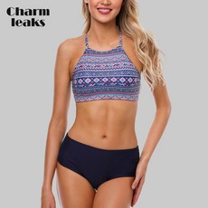 Charmleaks-여성 비키니 세트 홀터 수영복 하이넥 수영복 빈티지 프린트 수영복 비치웨어 비키니수영복 수영 장비