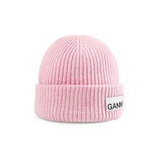 [가니] [GANNI] A5019 494 로고 패치 리브 니트 울 핑크 비니