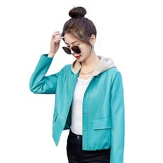 urkoteer 봄 가을 니트 후드 가죽 여성 자켓 데일리 레더 점퍼