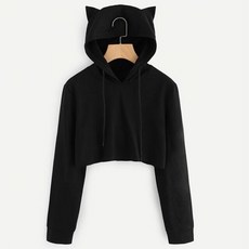 여성용 고양이 귀 후드티 크롭탑 스웨트셔츠 하라주쿠 섹시 케이팝 퓨어 블랙 2021 가을 겨울 핫