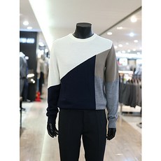 [바쏘옴므] 아이보리 울 혼방 블록 컬러 배색 라운드 니트 WST3WR13345