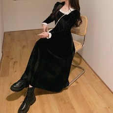 (M~4XL)벨벳 프릴 스퀘어넥 러블리 롱 플리츠 원피스