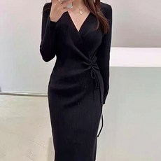 예쁨시전 섹시 셔링 긴팔 브이넥 골지니트 롱원피스