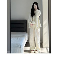 ANYOU 잠옷 겨울 클린 스트라이프 잔꽃터치 긴팔긴팔 잠옷 상하의 세트