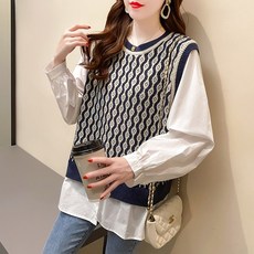 니트나시 체크 민소매 자주색 겨울 와이드 루즈핏 라운드넥 풀오버 티