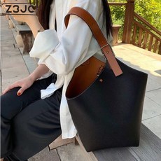 Z3JC 리얼 가죽 콤비 컬러 대용량 와이드 숄더 물통 가방 겨드랑이 백 심플 여성 숄더 토트백