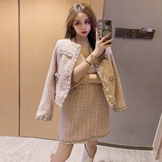 가을옷 구슬장식 트위드자켓 하이웨이스트 스커트 커버 스타일리쉬 여성 룩