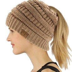 SK Hat shop 포니 테일 지저분한 롤빵 BeanieTail 부드러운 겨울 니트 스트레치 비니 모자 모자 색종이 타 우프