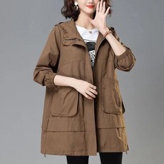 [M-4XL]빅사이즈 중년여성 후드집업 트렌치코트 패션 빅포켓 하프 자켓 바람막이 아우터 코트 재킷 4050대