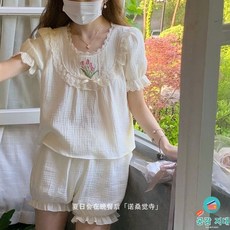 쏵몰 홈수트 여성 여름 잠옷 잠옷세트 용 스위트 코튼 짧은 반팔 빈티지 라운드 넥 홈웨어 자수 바지