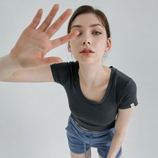 데비웨어 여성 요가복 DEVI-T0091-차콜 러블 슬릿 크롭 반팔티