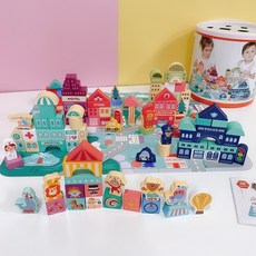 하루하이 서커스 원통블럭120pcs 우드빌리지 나무 블록 정리 파우치 소근육 보관함, 1개