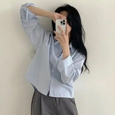 쪼예 데일리 코디템 루즈핏 세미 크롭 긴팔 셔츠