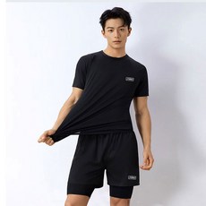 운동복처럼 편안한 루즈핏 남성 수영복 래쉬가드+2중 보호 팬츠 세트, 블랙 에어매쉬