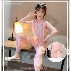 XINQUAN 여름 얇은 점프수트 아동 패션에서 주니어 8-10세 여아 솔리드 팬츠-JIA