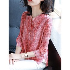 Kingfishe 여성 오피스룩 쉬폰 블라우스 여름 모던 루즈핏 7부소매 블라우스 vf6 Yanf