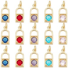 Beebeecraft 1박스 15개 5가지 색상 잠금 참 18K 금 도금 마이크로 페이브 큐빅 지르코니아 펜던트 참 점프 링 공예 용품 DIY 주얼리 제작용 763387