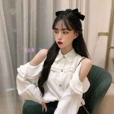 여자 어깨 트임 프릴 실크 데이트룩 긴팔 블라우스