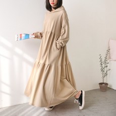퓨어 라운드넥 청순 심플 긴팔 무지 셔링 캉캉 레이어드 루즈 오버핏 후드 코튼 봄 여성 홈웨어 롱 원피스