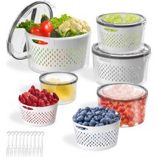 MsPrLs탈부착이 가능한 콜랜더가 있는 냉장고용 과일 보관 용기 3PCS 뚜껑과 손잡이가 BPA 프리 밀폐 식품 농산물 새로 고침을 더 오래 유지 소형 M 사이즈 총 22컵, 5 PCS Round Fruit Containers, 1개