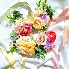 메리지엥 브라이덜샤워 셀프 웨딩 소품 코사지 꽃팔찌 4p, 1.핑크+옐로우+샴페인+그린