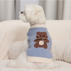강아지옷 리본곰 니트 조끼, 블루