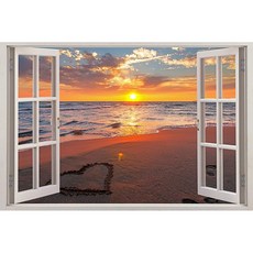환상적인 데코 - 샌드 러브 3D 윈도우 뷰 월 아트 프리미엄 비닐 스티커 24"H X 36"W: 키친 &amp; 다이닝, 단일옵션