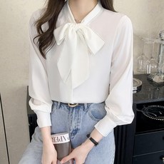 왕리본블라우스 여성 광택 블라우스 새턴 타이 셔링