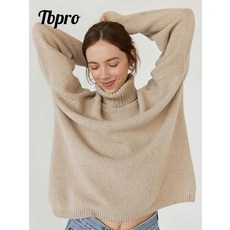 반목니트 여성용 캐주얼 루즈 터틀넥 풀오버 스웨터 단색 긴팔 골지 니트 상의 가을 여성 스웨터