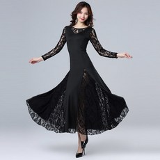  여성 라틴 댄스복 사교 댄스 왈츠 댄스 레이스 원피스 무대공연 드레스 3종 색상 XL 블랙 