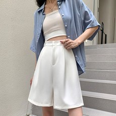 여성 여름 얇은 느슨한 자른 바지 넓은 다리 높은 허리 직선 다리