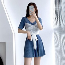 브라운 리본원숄더 여자 랩 그물 숄더모노키니, 푸른