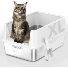 KITCATY 고양이 원목 화장실 스테인리스 스틸 쓰레기통 뚜껑이 높은 금속 큰 고양이를위한 XL 초대형 냄새를 흡수하지 않음 누수 방지 얼룩 없음 녹슬지 청소하기 쉬움 스쿱, White, 1개