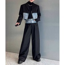 남자셋업 데님 숏 크롭 카라 자켓 점퍼 와이드 팬츠