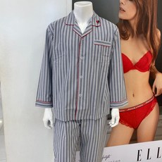[엘르이너웨어] 남성 커플 순 면 100% 그레이 스트라이프 체리 잠옷 파자마 세트 EHJ13051 NC해운대ㄴ