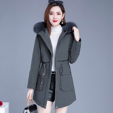덧면 기모 융 파크 복 여성 겨울 스타일리쉬 귀부인 참되다 폭스털 퍼 넥 웰론
