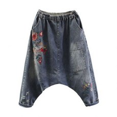 [해외] 수 놓은 크로스 청바지 여성 힙합 STREETWEAR 헐렁한 하렘 청바지 남자 친구 바지 와이드 레그 드롭 데님 블루머