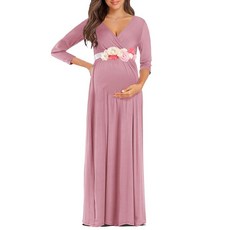 KIM S 꽃 띠가 있는 임산부 맥시 드레스 (S-3XL)/랩 브이넥 사진 촬영 베이비 샤워 드레스 Ltmauve X-Large