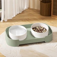 캣박스 반려동물 2구 경사형 세라믹 식기 밥그릇, 1개, 그린